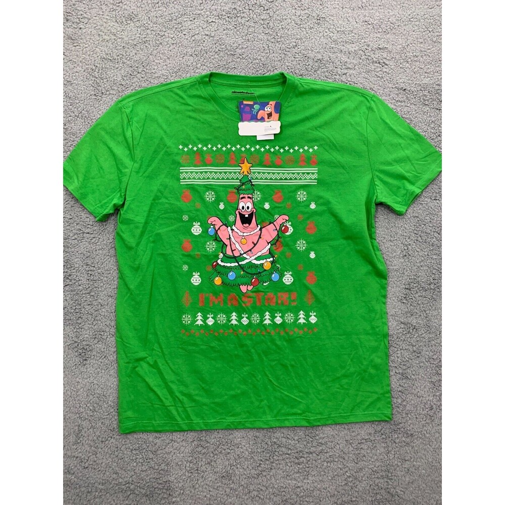 NEW NWT Nickelodeon Patrick Star "I am a Star" Green Christmas T-Shirt 2XL
